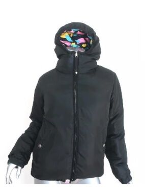 Women's Black Hooded Puffer Jacket with Printed Hood Lining